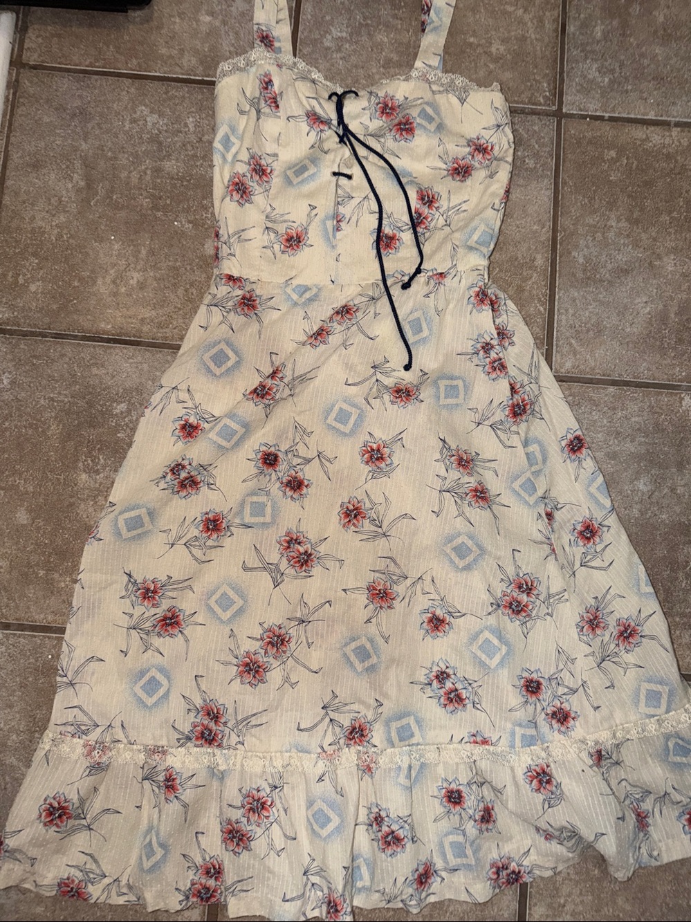 Vintage -Floral Lace-Trim Slip Dress in Cream with Blue & Pink Accents